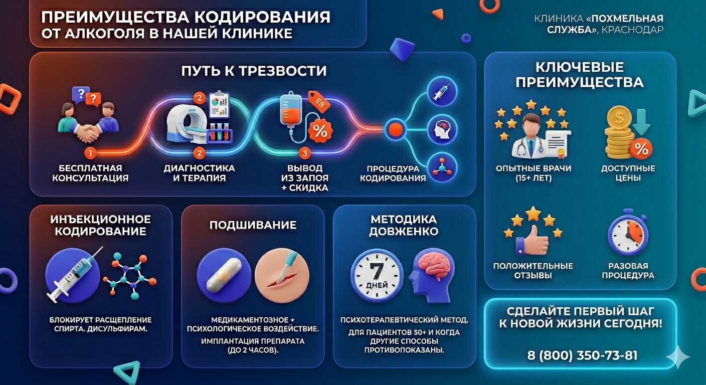 Инфографика о методах кодирования от алкоголя в Антраците: инъекции, подшивание, метод Довженко. Преимущества клиники и этапы лечения.