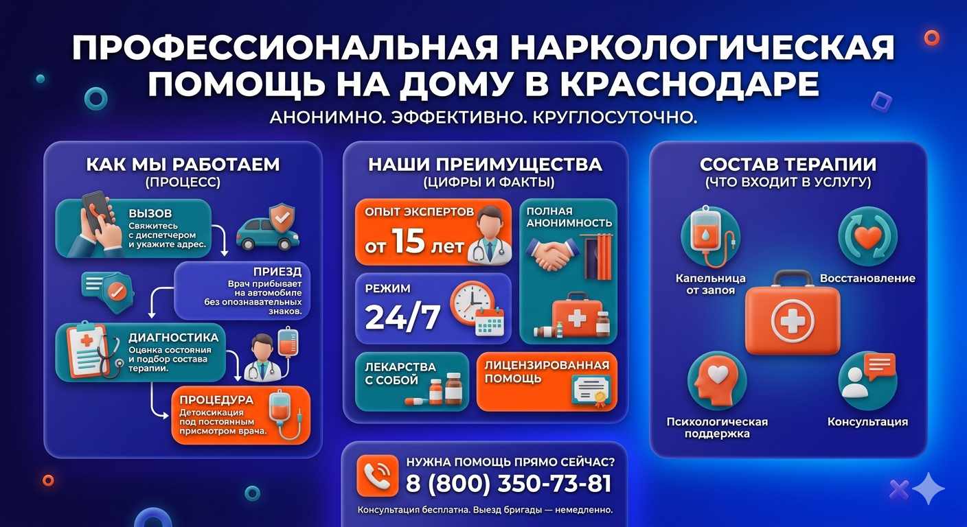 Инфографика о принципах лечения алкоголизма на дому в Антраците: этапы вызова нарколога, преимущества анонимной детоксикации и состав медицинской помощи.